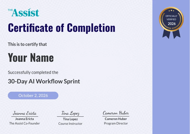 AI Workflow Builder Certification awarded by The Assist